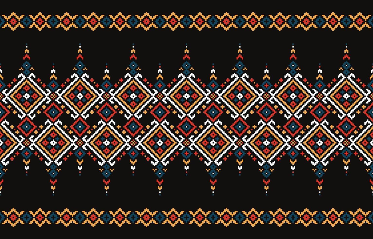deze kruis steek patroon herschept een kleurrijk, korrelig etnisch motief met vierkanten, driehoeken en diamanten.ontwerp voor stof,patroon,motief,handdoek,aida,folk,retro,abstract,batik,zigzag,textiel kunst. vector