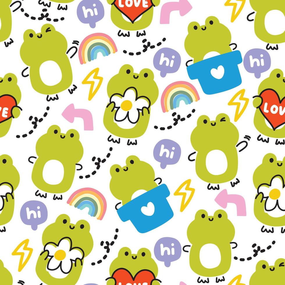 naadloos patroon van schattig kikker lijn hand- getrokken stijl met divers icoon Aan wit achtergrond.hi tekst, bloem, regenboog, hart, verlichting.reptiel dier karakter tekenfilm ontwerp.kawaii.vector.illustratie. vector