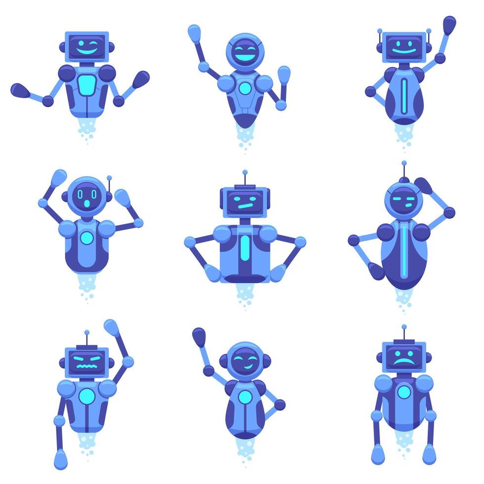 babbelen bot bijstand. robotica technologie babbelen bots, robot digitaal assistent, futuristische android babbelen bots karakters, vector illustratie reeks
