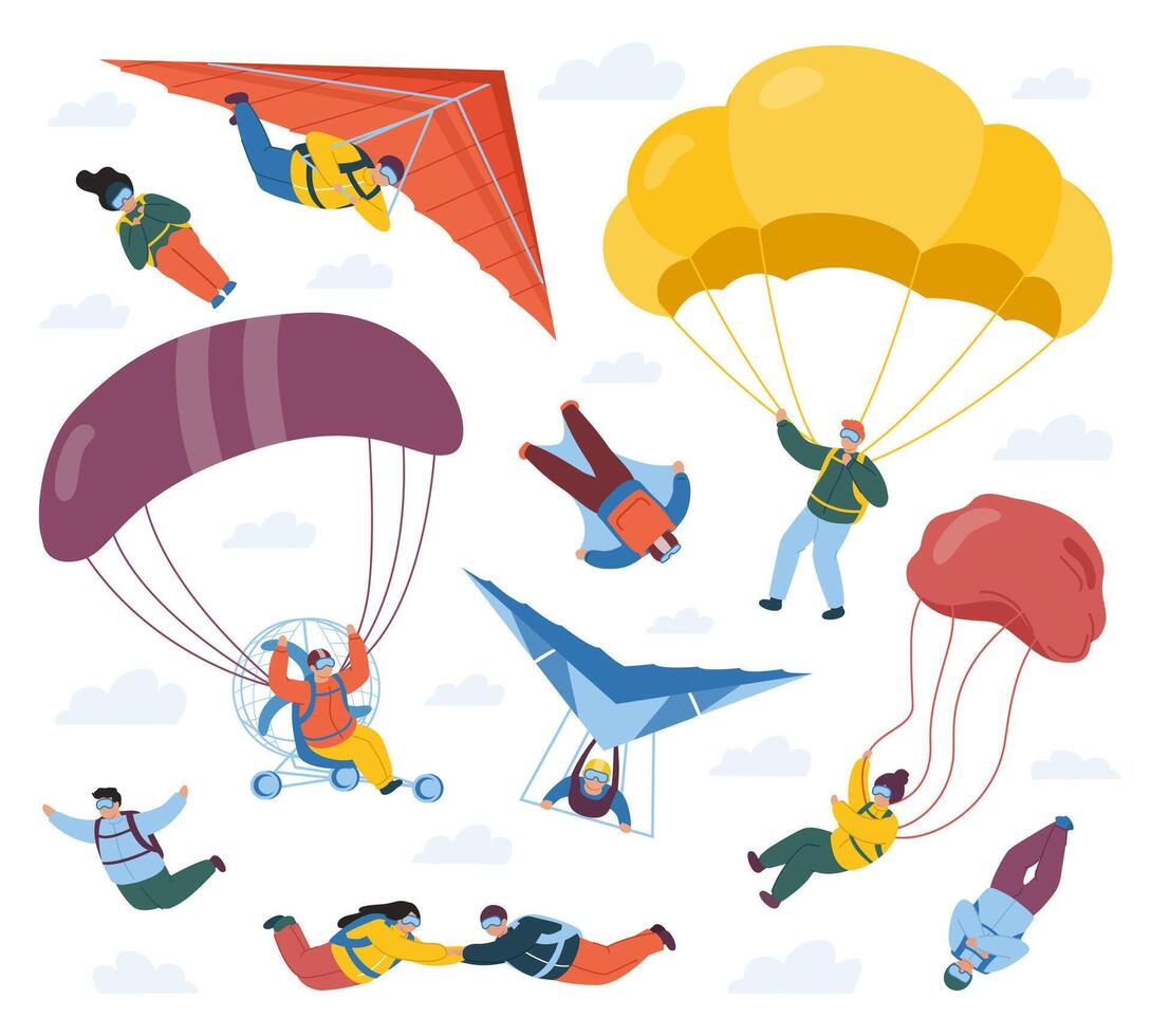 skydiver sporters. parachute extreem sport, lucht springers, skydivers en paragliders. parachute professioneel skydivers vector illustratie reeks