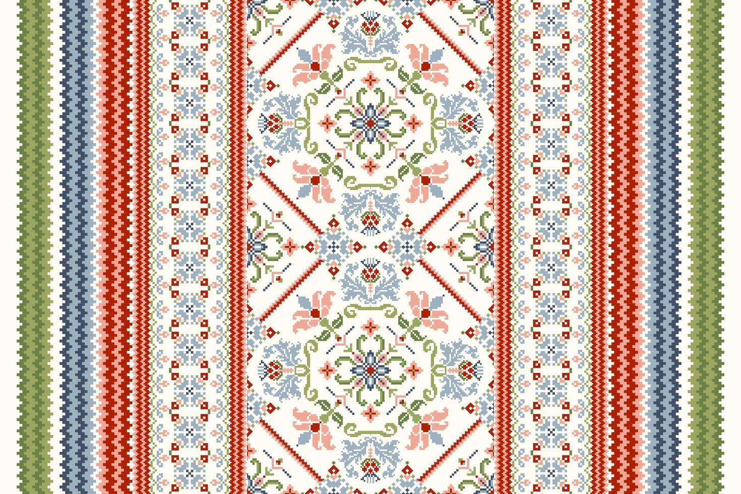 meetkundig etnisch oosters patroon vector illustratie.bloemig pixel kunst borduurwerk Aan wit achtergrond, azteeks stijl, samenvatting achtergrond.ontwerp voor textuur,stof,kleding,verpakking,decoratie,sjaal,print