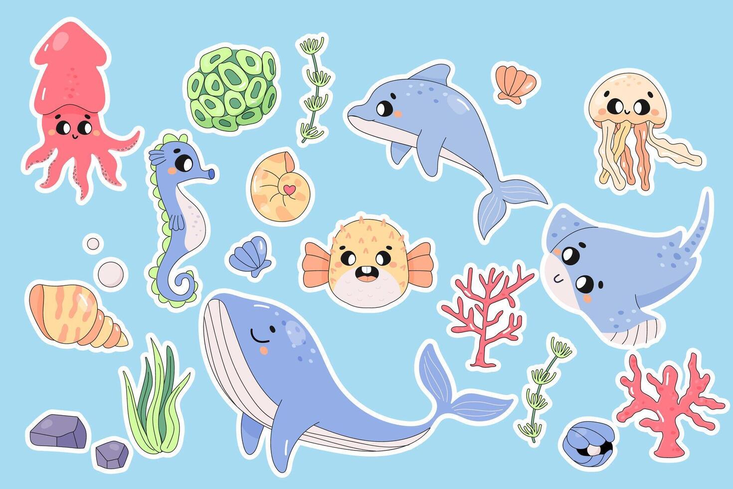 schattig zee dieren, sticker set, Aan wit achtergrond, fugu, walvis, dolfijn, inktvis, kwallen. onderwater- wereld. vector