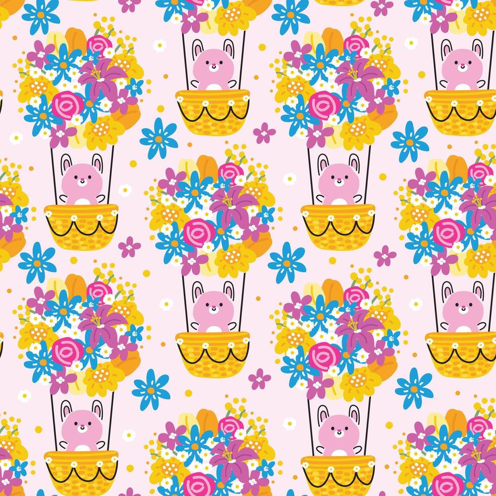 naadloos patroon van schattig konijn lijn stijl hand- getrokken blijven in bloem ballon achtergrond.easter.spring.nature.blooming.floral.rodent dier karakter tekenfilm ontwerp.konijn.kawaii.vector.illustratie. vector