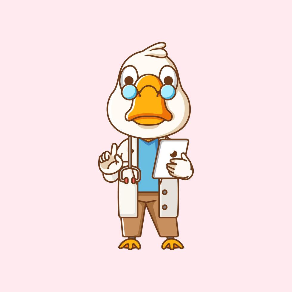 schattig gans dokter medisch personeel chibi karakter mascotte icoon vlak lijn kunst stijl illustratie concept tekenfilm vector