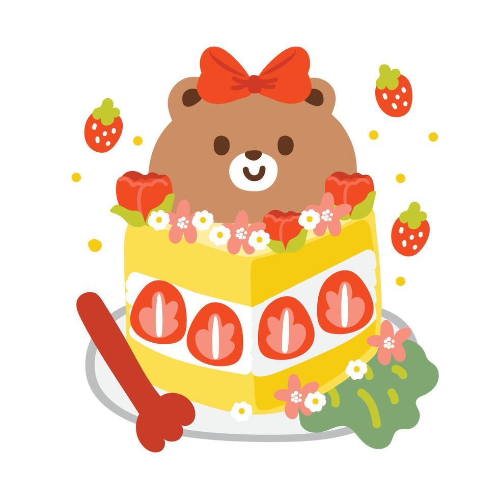 schattig aardbei kaas taart hebben teddy beer gezicht en bloem Aan cake.sweet en dessert.fruit.wild dier karakter tekenfilm ontwerp.baby grafische.afbeelding voor kaart,poster,sticker.kawaii.vector.illustratie. vector