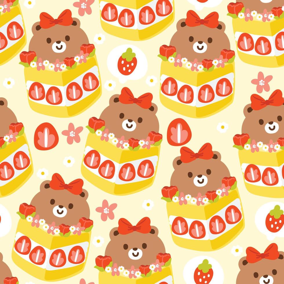 naadloos patroon van schattig aardbei kaas taart hebben teddy beer gezicht en bloem Aan cake.sweet en dessert.fruit.wild dier karakter tekenfilm ontwerp.baby kleding ontwerp.kawaii.vector.illustratie. vector