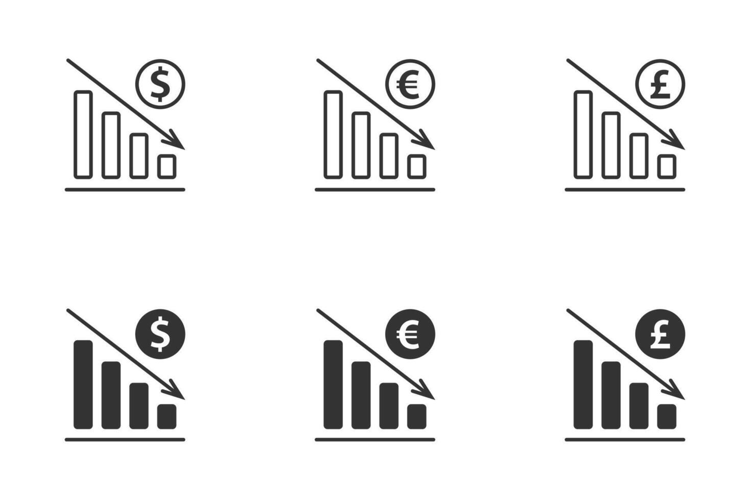 geld verlagen symbool. dollar, euro, en pond vallen grafiek. vector