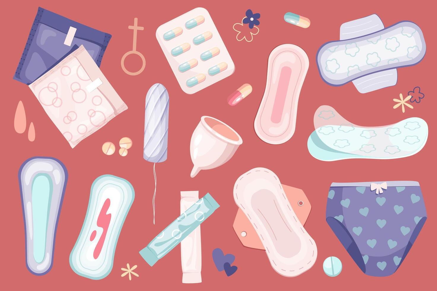 Dames periode reeks grafisch elementen in vlak ontwerp. bundel van tampons en kussentjes, tabletten, menstruatie- beker, vrouw panty, en andere gynaecologisch hygiëne producten. vector illustratie geïsoleerd voorwerpen