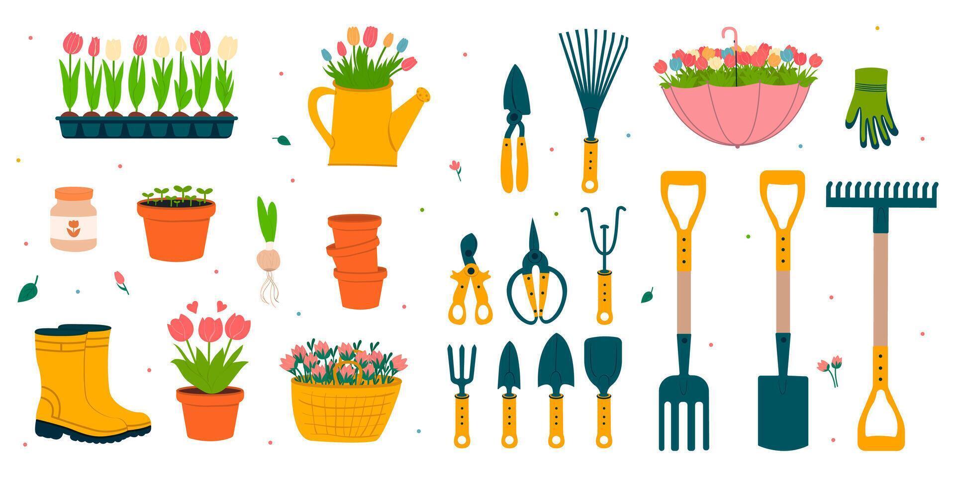 reeks van tuinieren gereedschap.tuinieren gereedschap.rubber laarzen, zaailingen, hark, tuin mes, handschoenen, water geven kan, mand van tulpen.lente vector tekening