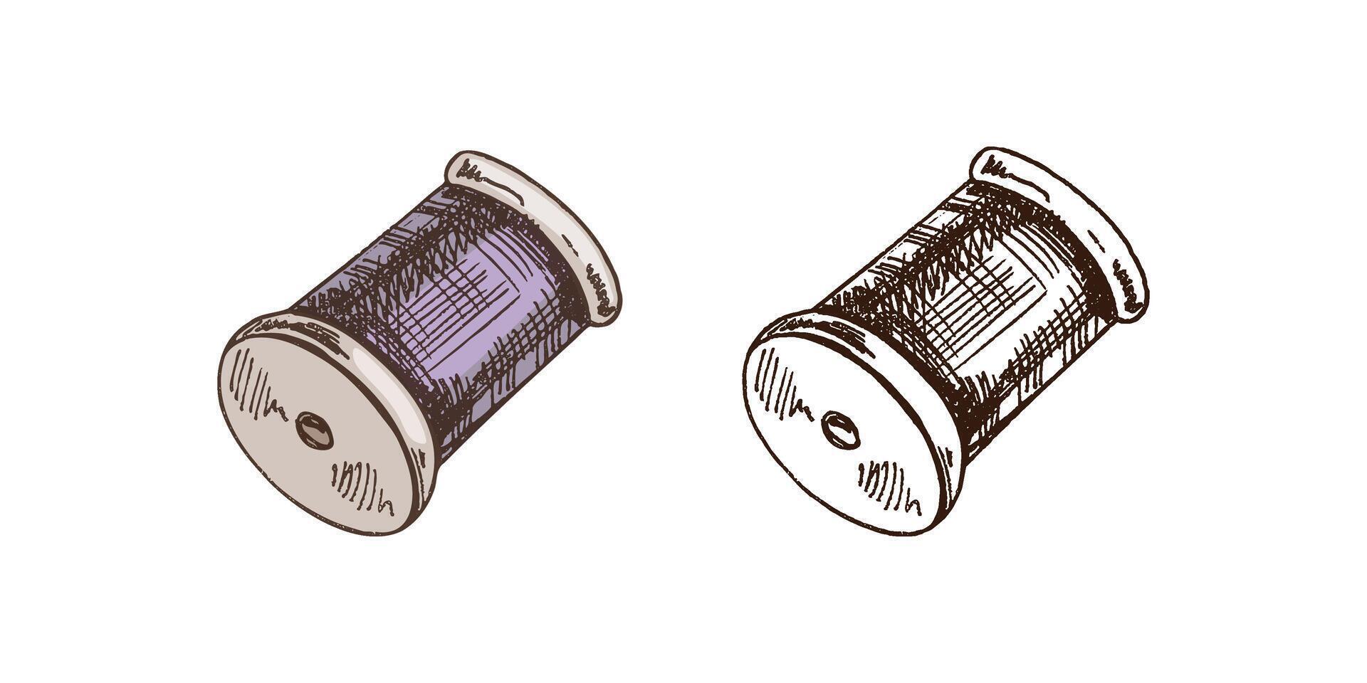 hand getekend gekleurde en monochroom schetsen van streng van draad. handgemaakt, naaien uitrusting concept in wijnoogst tekening stijl. gravure stijl. vector