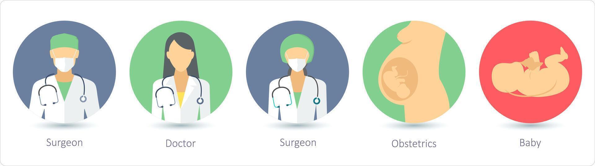 een reeks van 5 medisch pictogrammen net zo chirurg, dokter, verloskunde vector