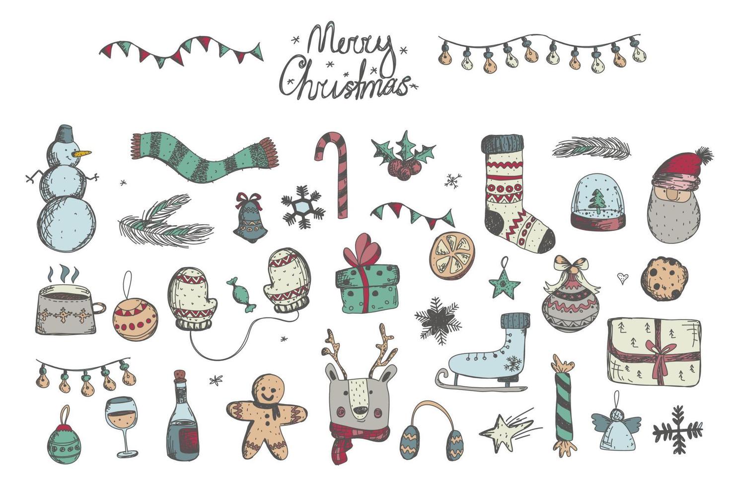hand getrokken schets prettige kerstdagen en gelukkig nieuwjaar set. grote set doodle-elementen voor kerstontwerp vector