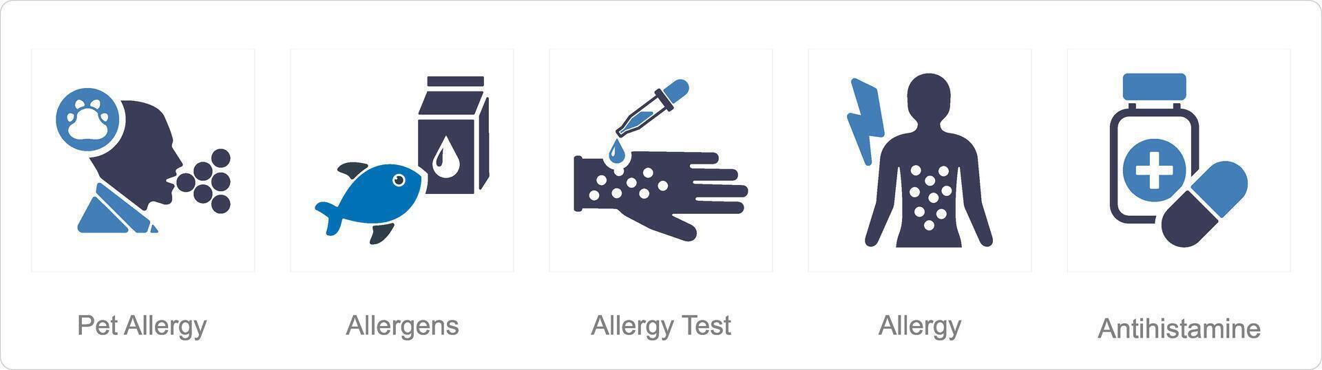 een reeks van 5 allergie pictogrammen net zo huisdier allergie, allergenen, allergie test vector