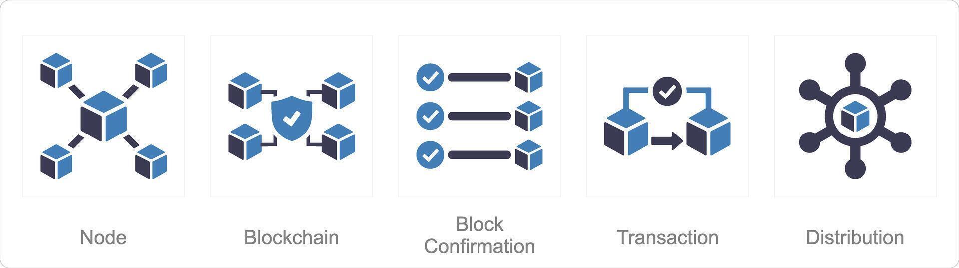 een reeks van 5 blockchain pictogrammen net zo knooppunt, blockchain, blok bevestiging vector