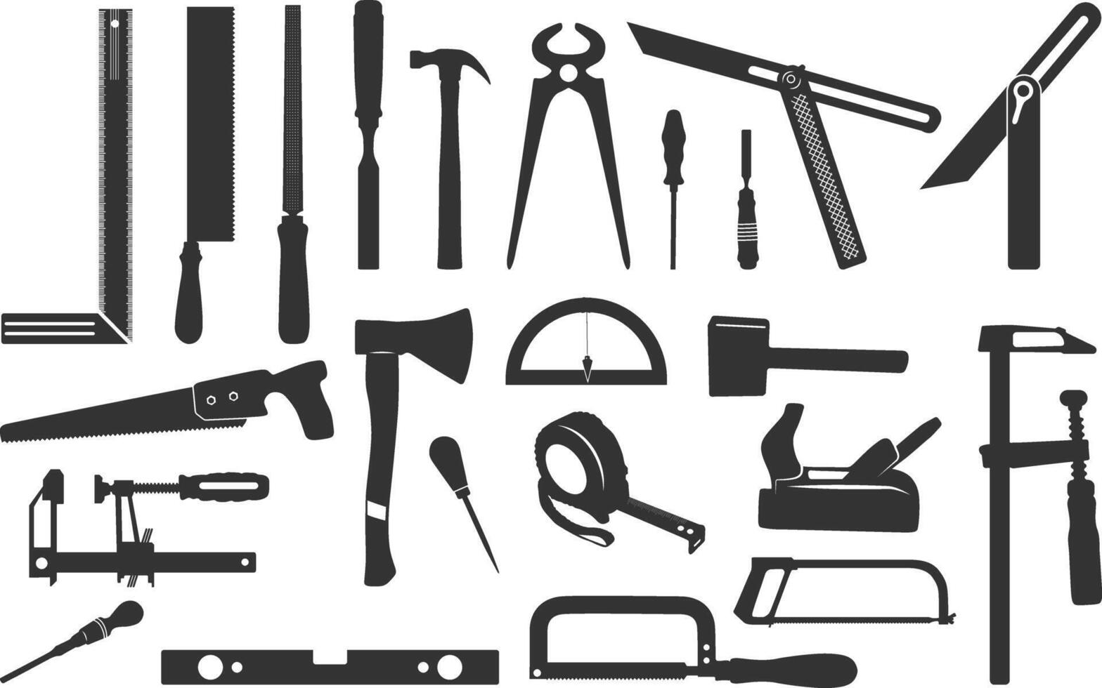 timmerman gereedschap silhouet, houten werk gereedschap silhouet, timmerman silhouetten, gereedschap silhouet, timmerman gereedschap vector illustratie