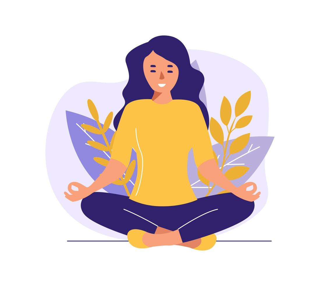 vrouw mediteren in de natuur en bladeren. concept illustratie voor yoga, meditatie, ontspannen, recreatie, gezonde levensstijl. vectorillustratie in platte cartoonstijl vector