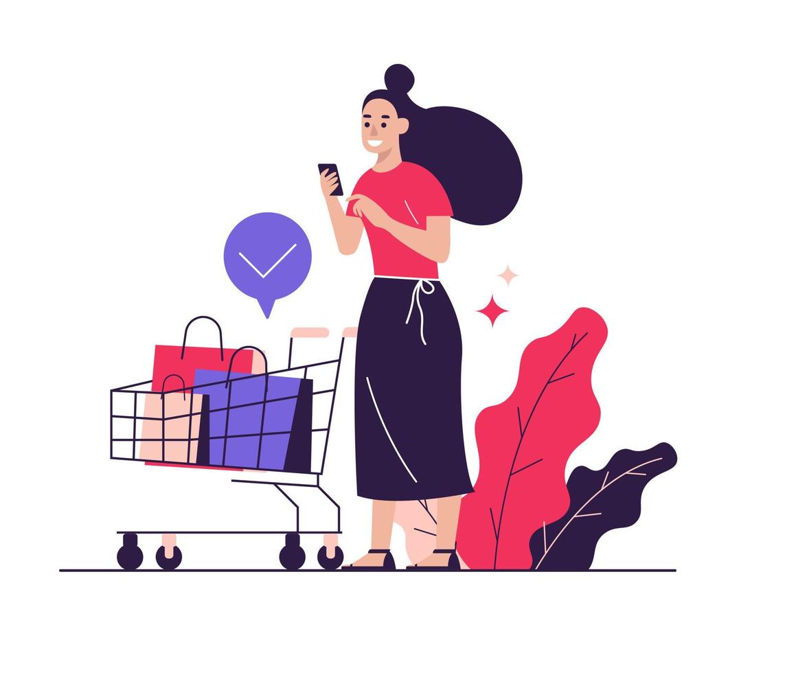 gelukkige vrouw winkelen op mobiele telefoon. vector