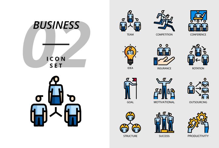 Icon pack voor zaken, team, competitie, conferentie, idee, verzekering, rotatie, doel, motivatie, outsourcing, structuur, succes, productiviteit. vector