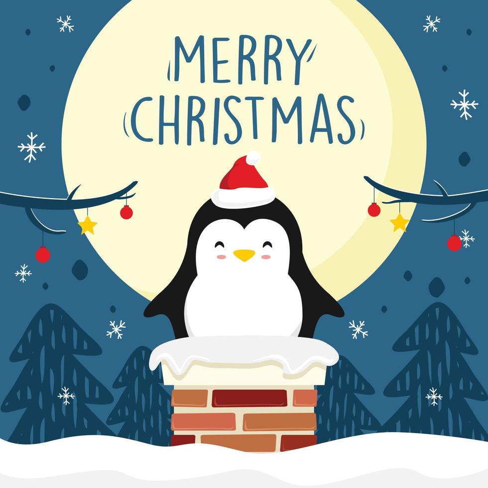 pinguïn cartoon schoorsteen vrolijk kerstfeest volle maan xmas vector blauw