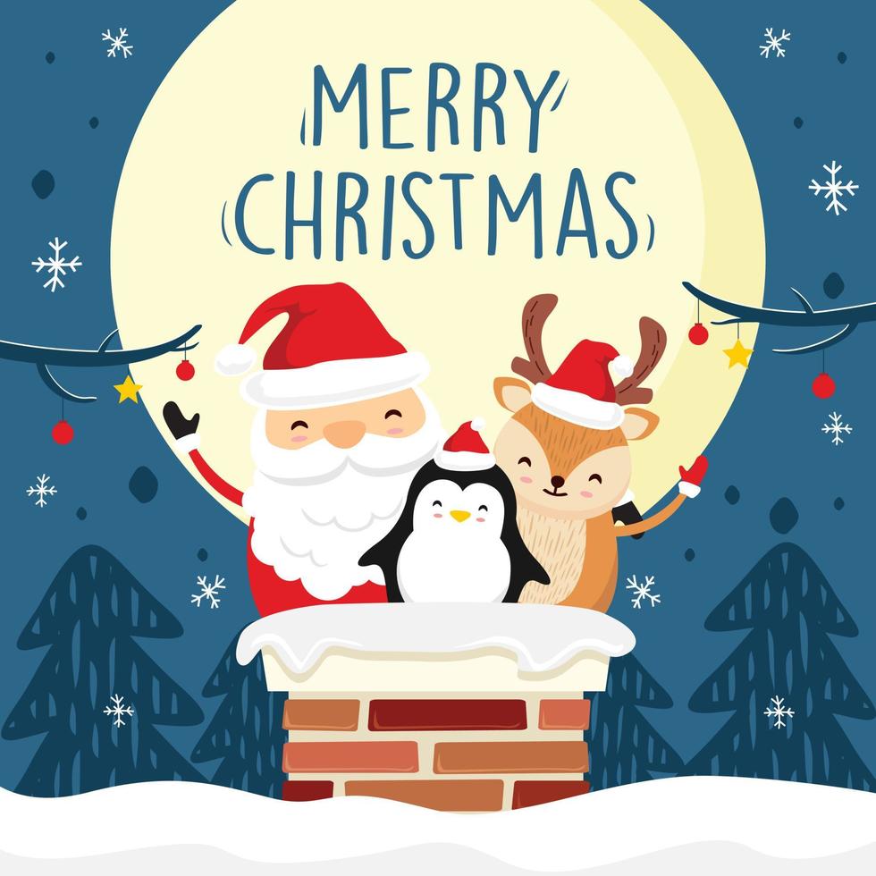 kerstman hert pinguïn in schoorsteen blauwe kerstkaarten vector