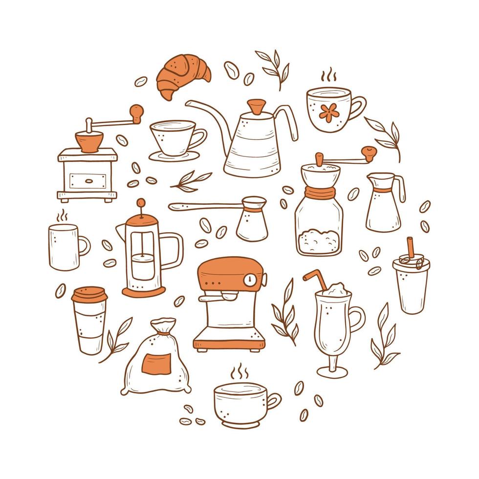 handgetekende set koffie-elementen doodle vector