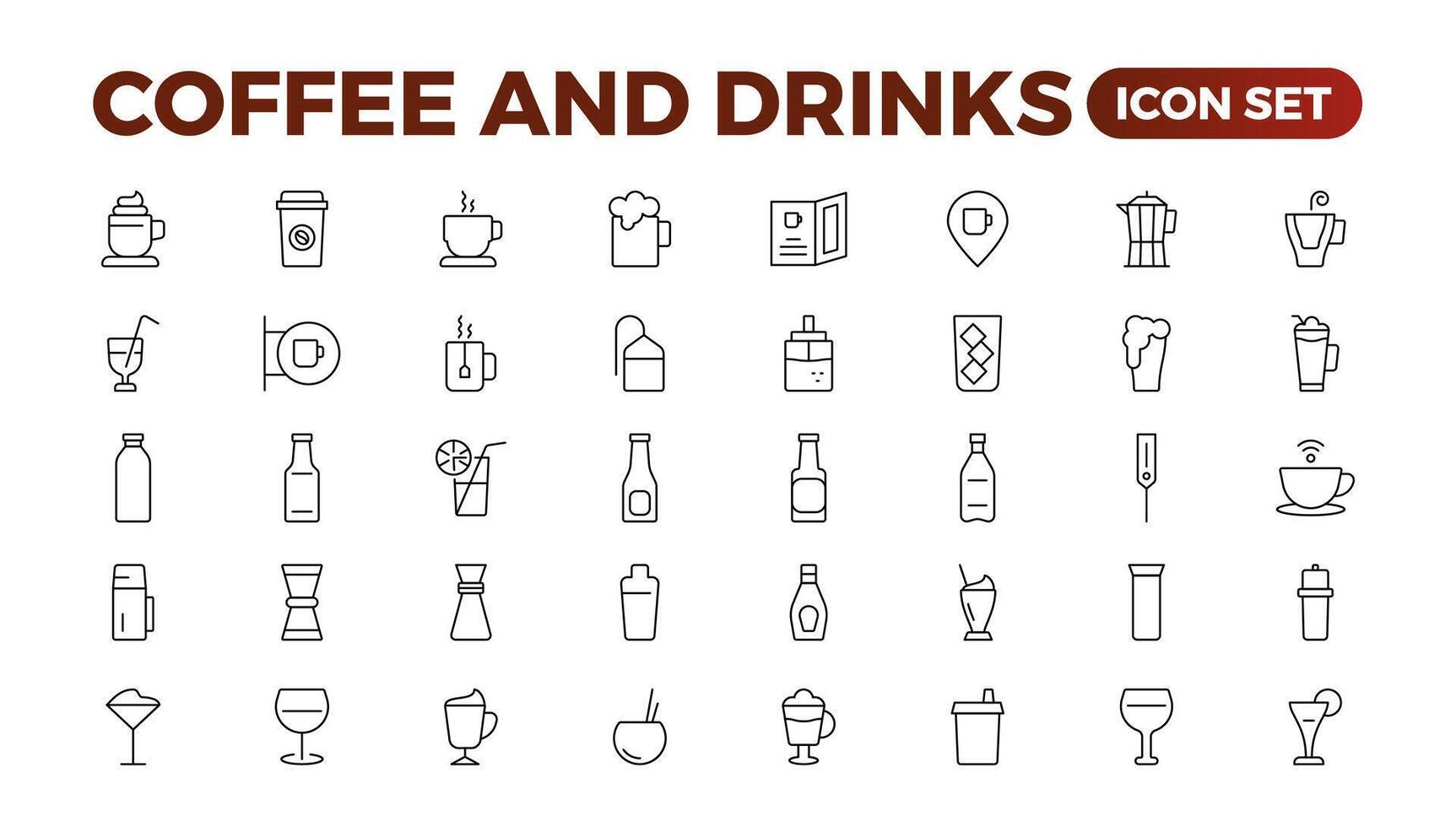 reeks van koffie winkel pictogrammen. gemakkelijk lijn kunst stijl pictogrammen pak. vector illustratie.koffie pictogrammen. bonen, heet cocktail en maker machine. espresso beker, cappuccino met geslagen room latte verkoop machine.