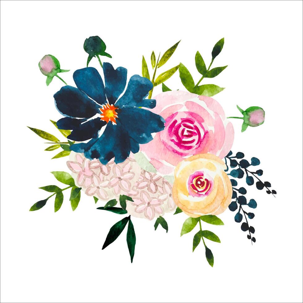 waterverf bloemen boeket, indigo en blozen rozen. zomer samenstelling vector