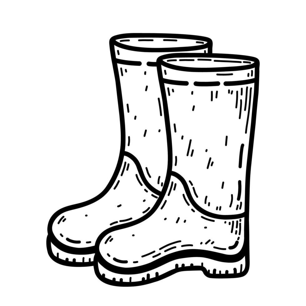 rubberen laarzen geïsoleerd op een witte achtergrond. schoenen voor regenachtig weer en wandelen in het bos. vector handgetekende illustratie in doodle stijl. perfect voor herfstontwerpen, kaarten, logo, decoraties.