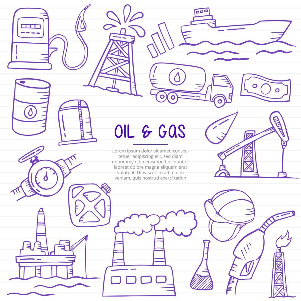 olie- en gasindustrie doodle hand getekend met kaderstijl op papier boeken lijn vector