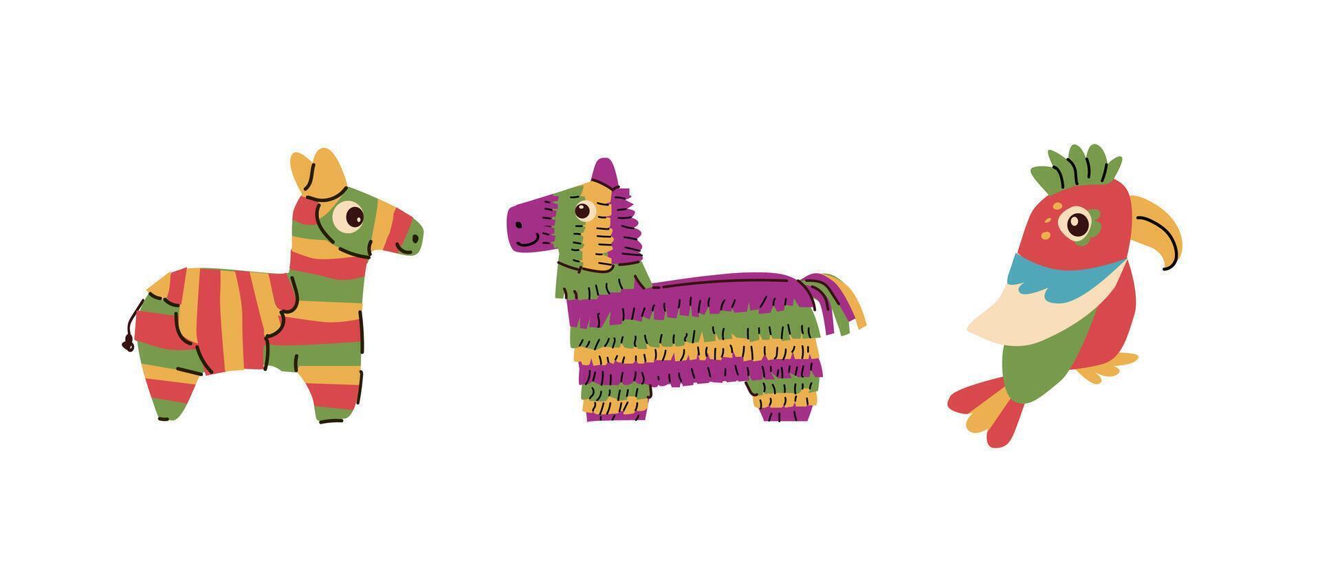 Mexicaans paard pinata reeks en papegaai voor partij in vlak stijl. vector illustratie kan gebruikt voor verjaardag pinata partij kaart, cinco de mayo achtergrond, groet kaarten, spandoeken, etiketten.