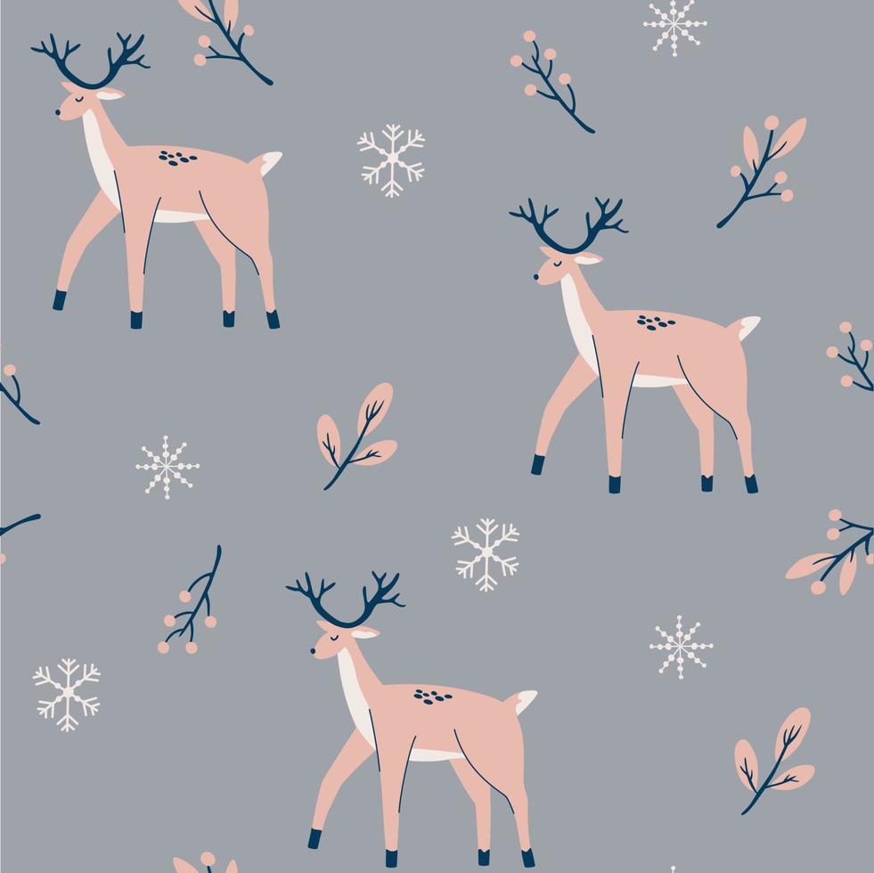 herten naadloze patroon. Kerst achtergrond met twijgen bessen sneeuwvlokken en herten. perfect voor textiel, behang of printontwerp. hand tekenen vectorillustratie. vector