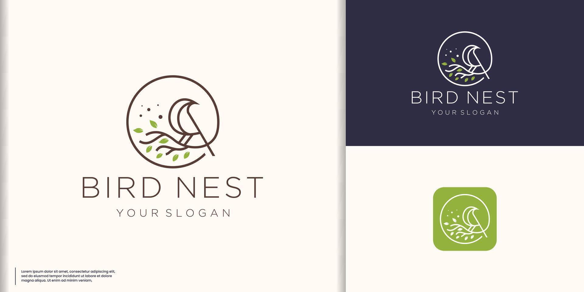 minimalistische vogel nest logo ontwerp. inspiratie vogel en nest blad natuur met cirkel kader lijn concept. vector