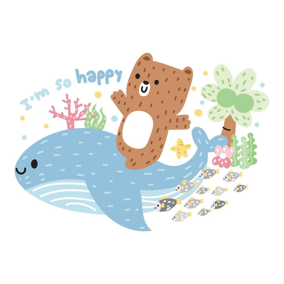 schattig teddy beer blijven Aan walvis Aan wit achtergrond.dier karakter cartoon.koraal, kokosnoot boom, vis, zeewier, zeester hand- getekend.marine.zee life.ocean.logo.kawaii.vector.illustratie. vector