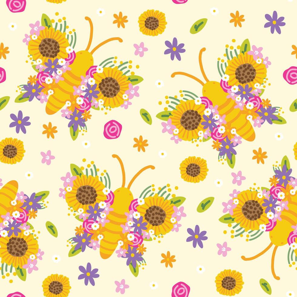 naadloos patroon van schattig vlinders bloem vleugel Aan geel pastel achtergrond.lente.natuur.bloemen.dier karakter tekenfilm ontwerp.afbeelding voor kaart,poster,bruiloft.kawaii.vector.vlinder.illustratie. vector