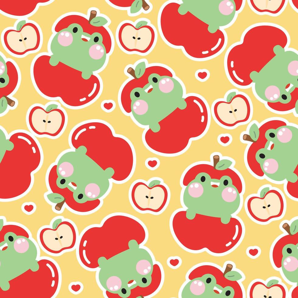 naadloos patroon van schattig kikker blijven in appel met hart achtergrond.reptiel dier karakter tekenfilm hand- getekend.fruit.baby kleding.kawaii.vector.illustratie vector