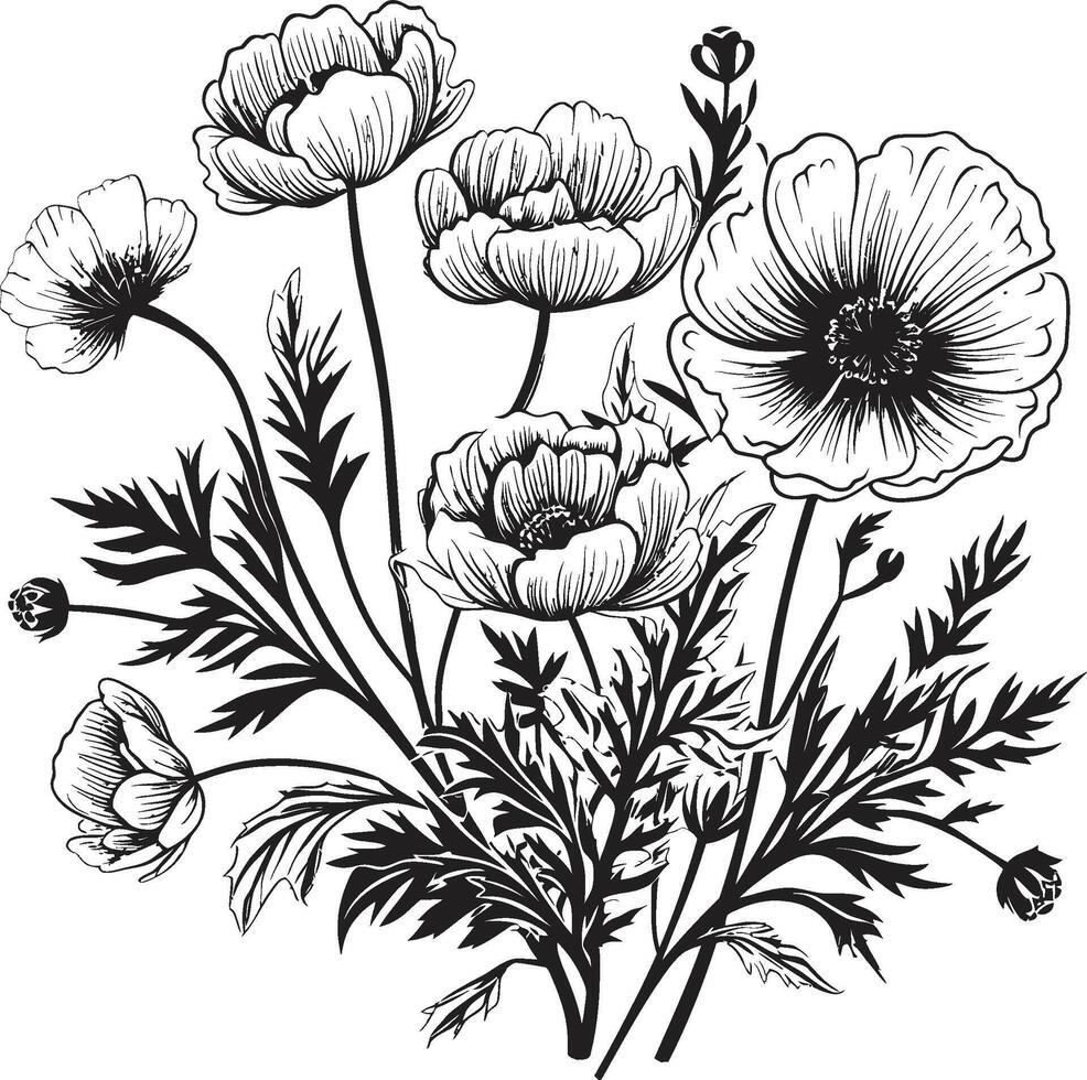 bloesems in harmonie monochromatisch vector logo, zwart bloemen gebeeldhouwd bloemblaadjes elegant zwart icoon, botanisch ontwerp