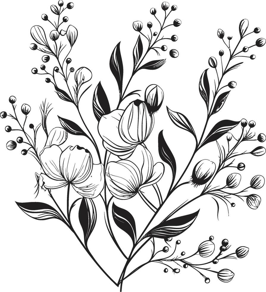 fluistert van bloeien monochromatisch embleem met botanisch elementen bloemblaadjes in noir elegant zwart icoon presentatie van vector bloemen ontwerp