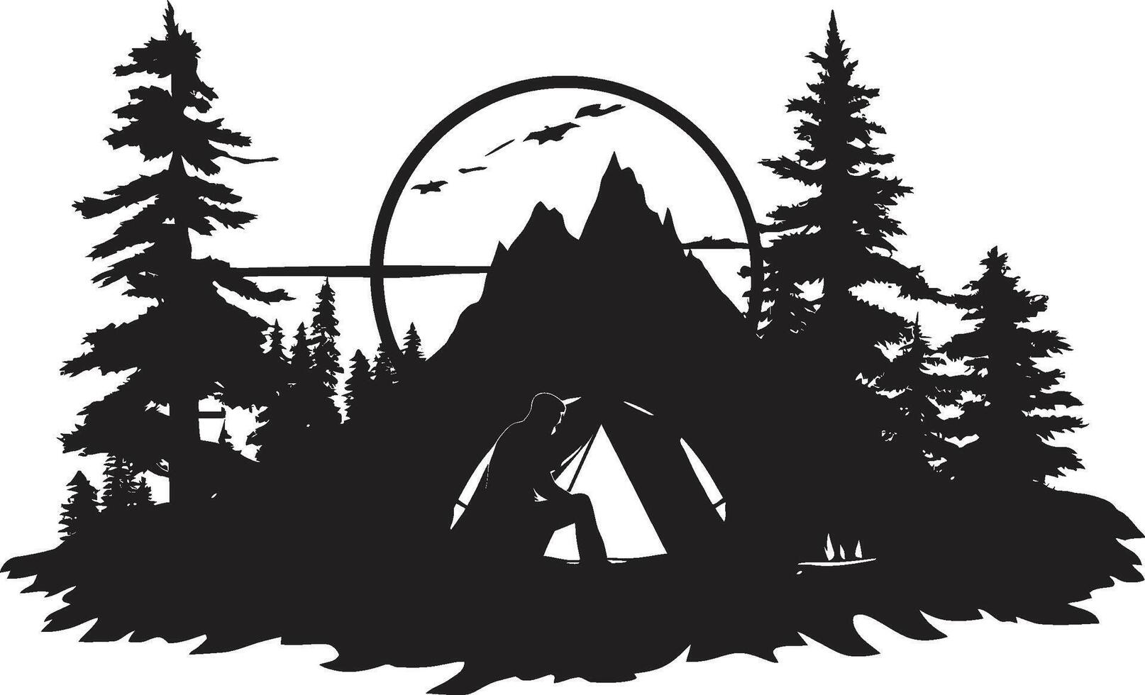 in de bossen elegant zwart icoon met vector logo voor camping kampvuur kronieken strak monochromatisch embleem voor buitenshuis avonturen