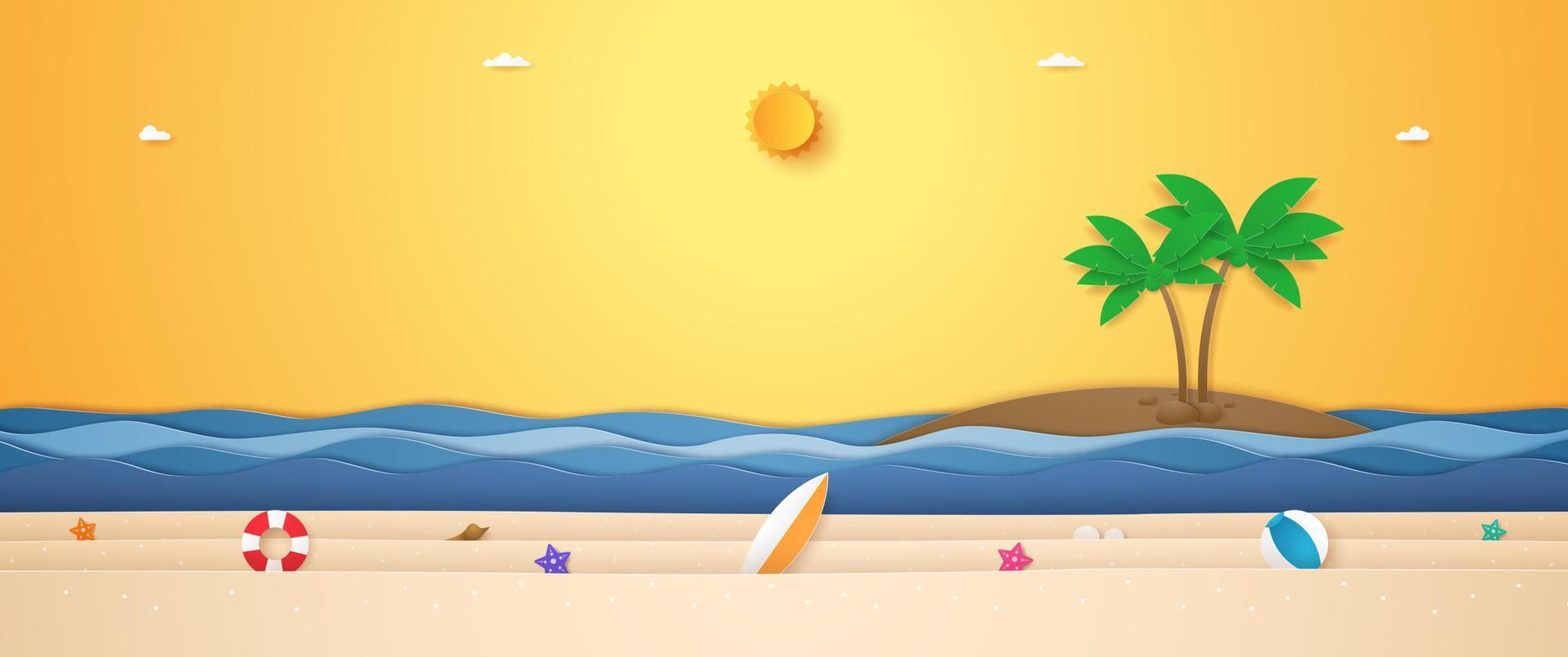 landschap van kokospalm op het eiland, golvende zee en zomerspullen op het strand met felle zon in de zonnige hemel voor de zomer in papieren kunststijl vector
