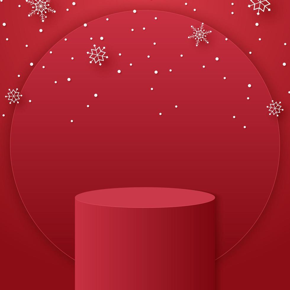 rood cilinderpodium met ronde vorm voor productachtergrond en sneeuwvlokken en sneeuw die valt, sjabloonmodel voor kerstevenement vector