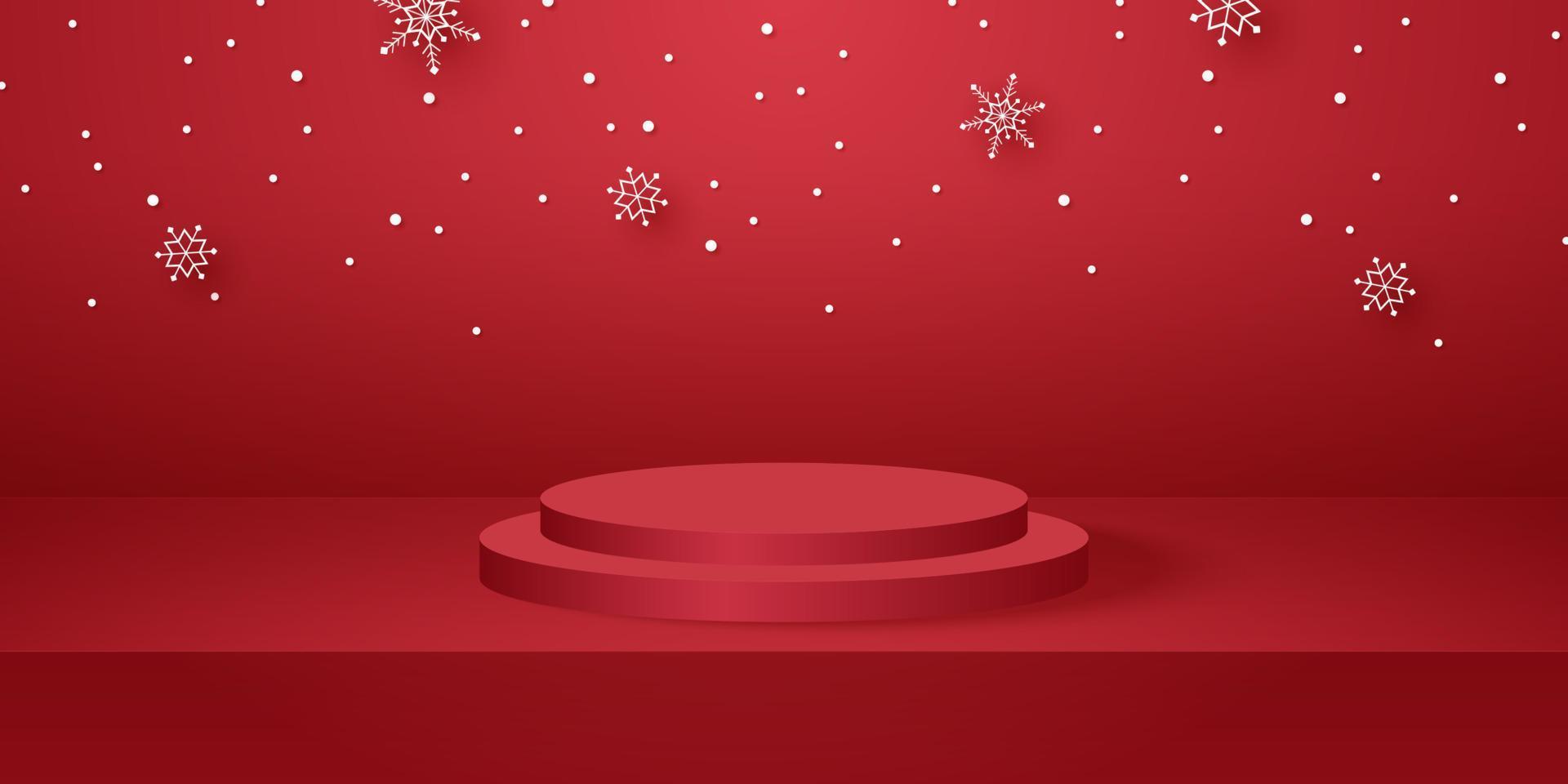 rood rond podium met lege studioruimte voor productachtergrond en sneeuwval, sjabloonmodel voor eerste kerstdag vector