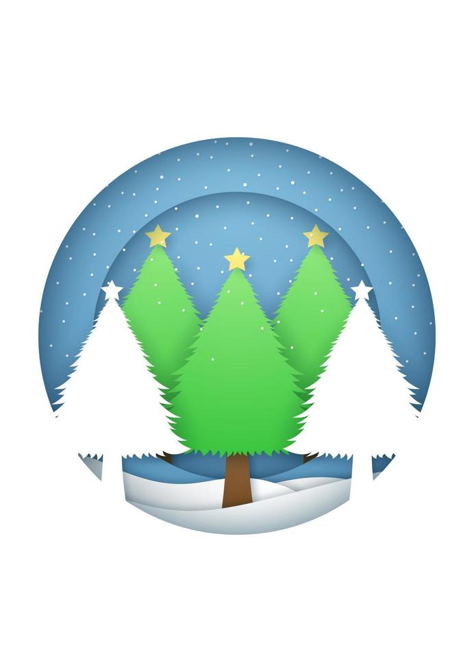 vrolijke kerstkaart met winterlandschap en sneeuwval op kerstbomen in cirkelvormig frame vector