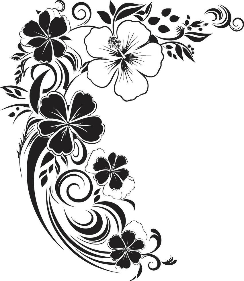 botanisch premie elegant zwart logo ontwerp met decoratief hoeken bloemen fantasie monochroom embleem met decoratief bloemen hoeken vector