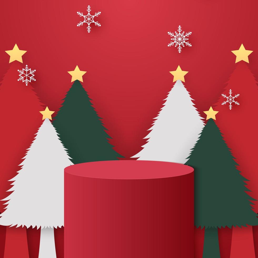 rood cilinderpodium met vallende kerstbomen en sneeuwvlokken, sjabloonmodel voor evenement in papierkunst vector