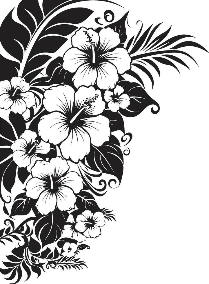 bloemen fresco elegant embleem met decoratief bloemen hoeken in zwart grillig bloei monochroom icoon met decoratief hoeken vector