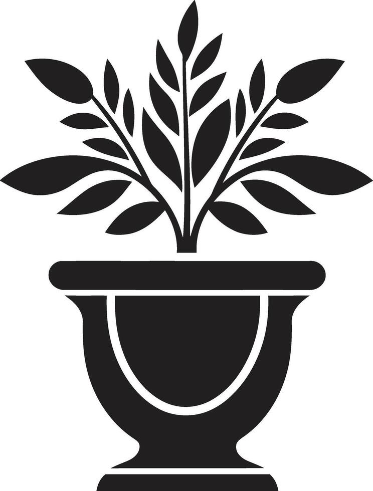 botanisch gelukzaligheid elegant fabriek pot logo ontwerp in monochroom ingemaakt prestige elegant zwart icoon met decoratief fabriek pot vector