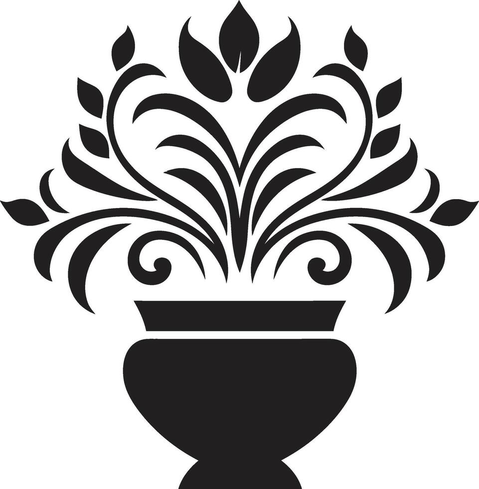 eeuwig elegantie strak zwart logo met decoratief fabriek pot vector bloemen fusie monochroom embleem met chique fabriek pot ontwerp