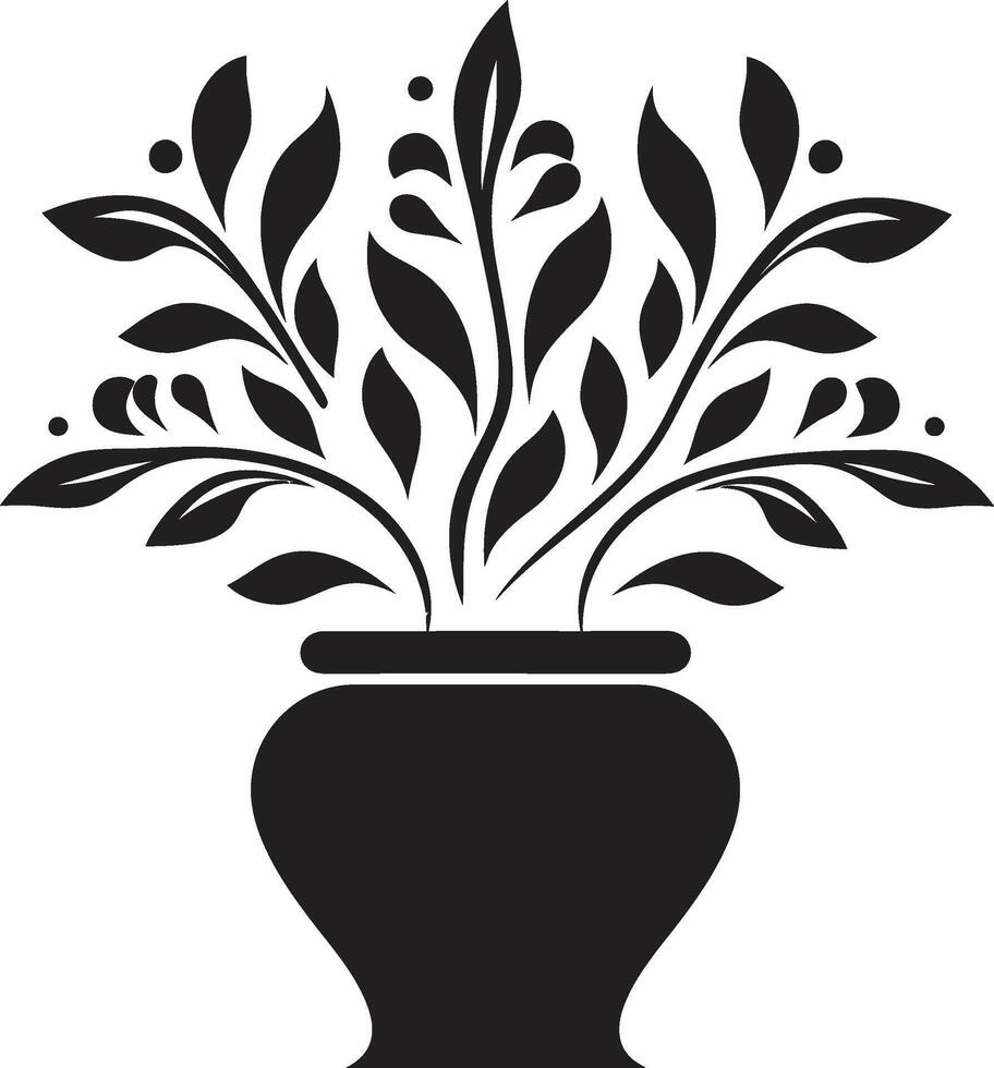 botanisch gelukzaligheid monochroom fabriek pot logo met elegant elegantie ingemaakt prestige elegant zwart icoon met decoratief fabriek pot vector