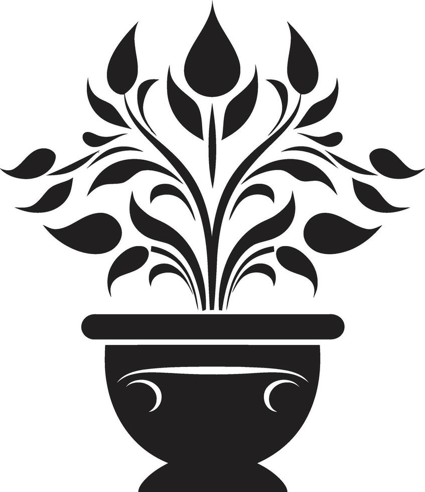 aard niche elegant fabriek pot logo ontwerp in monochroom bloemblad potpourri strak zwart icoon met decoratief fabriek pot vector