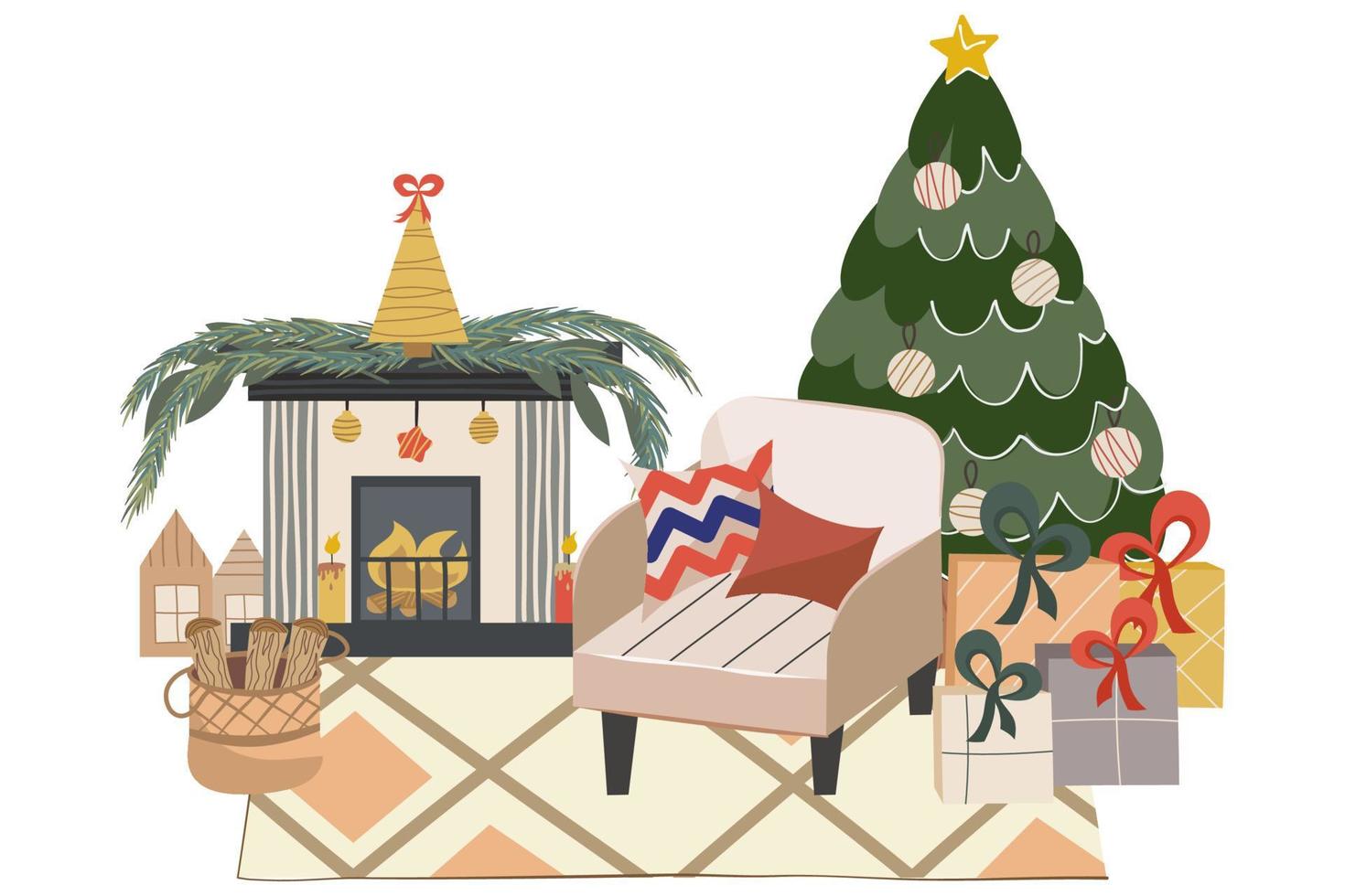 geïsoleerde Scandinavische kerst interieur met open haard, kerstboom. gezellige fauteuil met kussens en houtstapel voor winteravonden. tapijt en cadeautjes onder de boom. vectorillustratie. vector